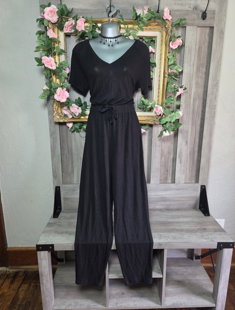 Old Navy Black Wide Leg Jumpsuit Womens Small Soft Knit Lounge Casual Romper